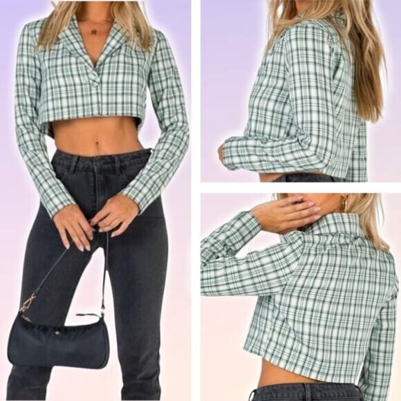 PRINCESS POLLY Sierra One Button Cropped Blazer Sz 0 Green Plaid Check - Picture 1 of 6